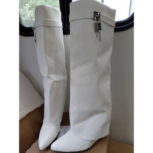 New Fold Over Skirted Knee Boots 3" Wedge Heel Pull On Pad Lock White Sz‎ 8